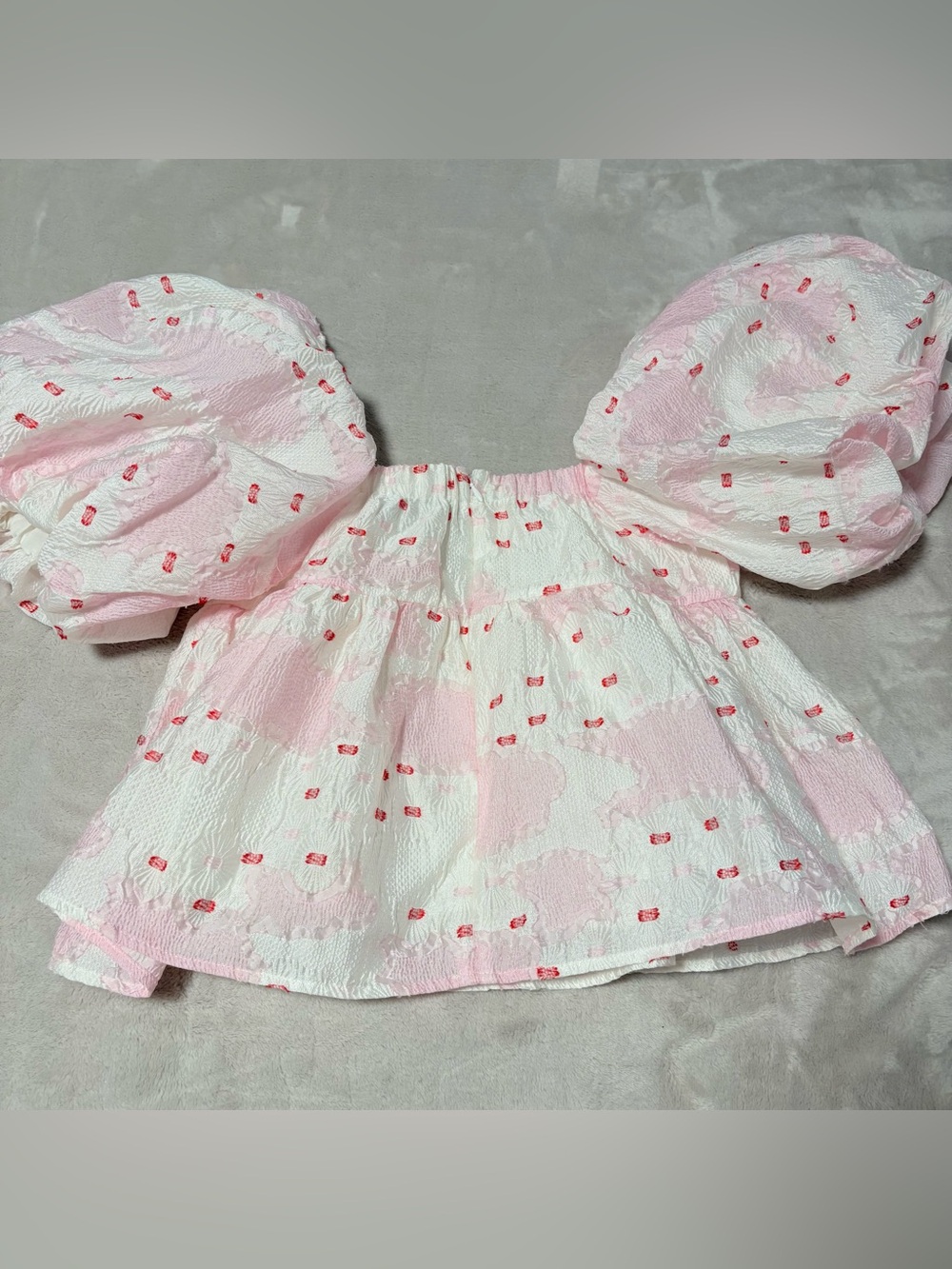 Sister Jane Red, White and Pink Puff Sleeve Babydoll Top medium - Picture 9 of 12